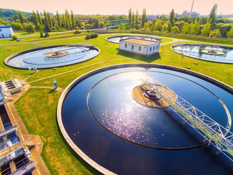 Aerial view to sewage treatment plant. Grey water recycling. Was