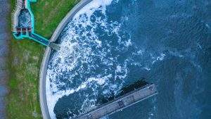 Aerial view water treatment tank with waste water.