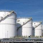 Oil storage tanks and pipes at the oil terminal
